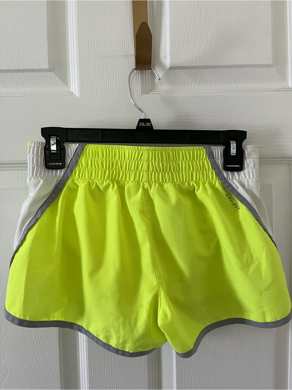 Nike Women's Neon Yellow Athletic Running Shorts with Gray Trim - Picture 2 of 8